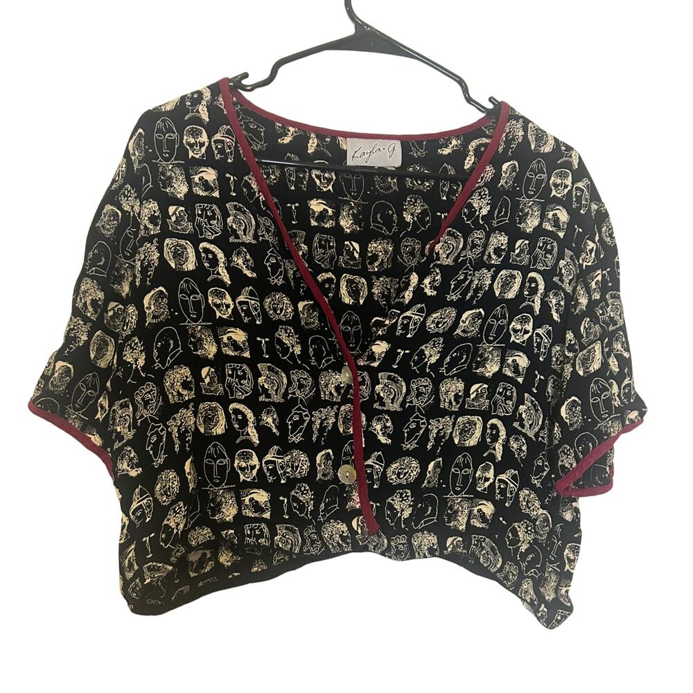Vintage 90s Kayla G Reworked Medium Abstract Face Print Crop Blouse Grunge Art